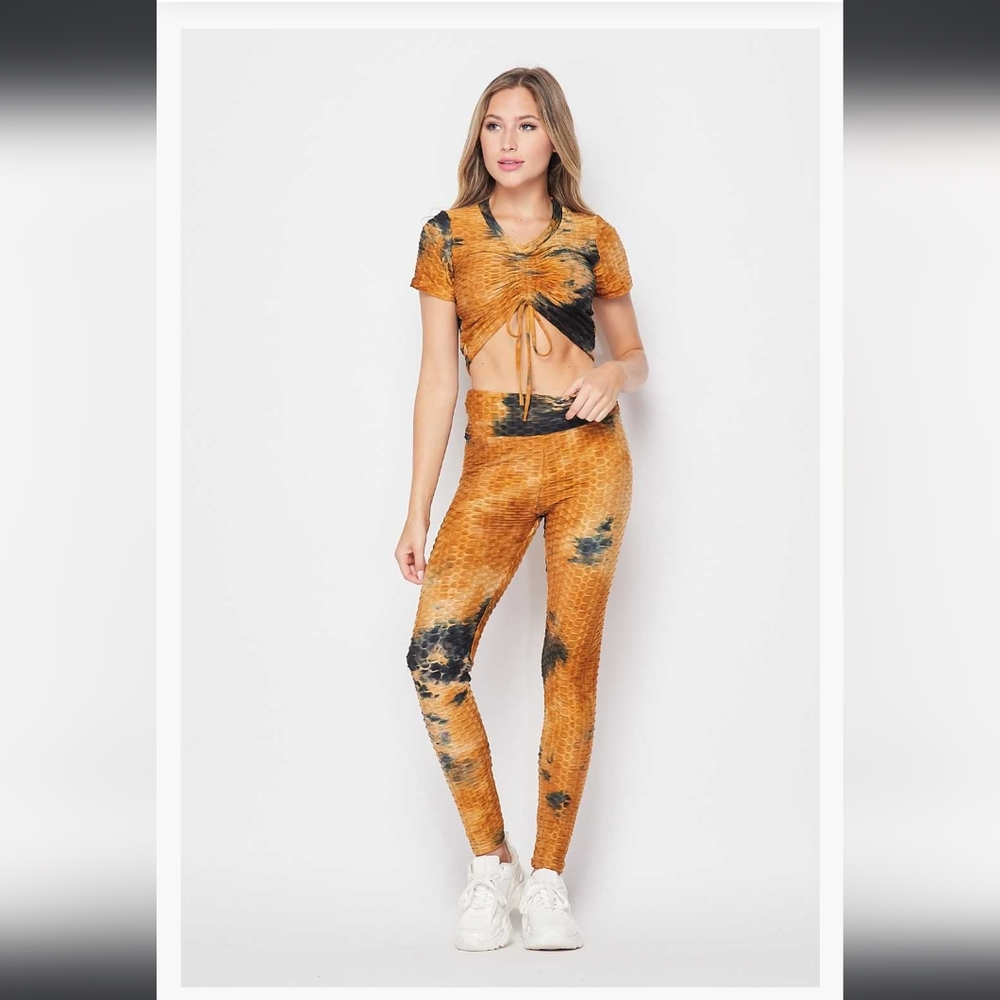 LONG SLEEVE 2 piece ruched colorful tie dye crop top tik Tok leggings set